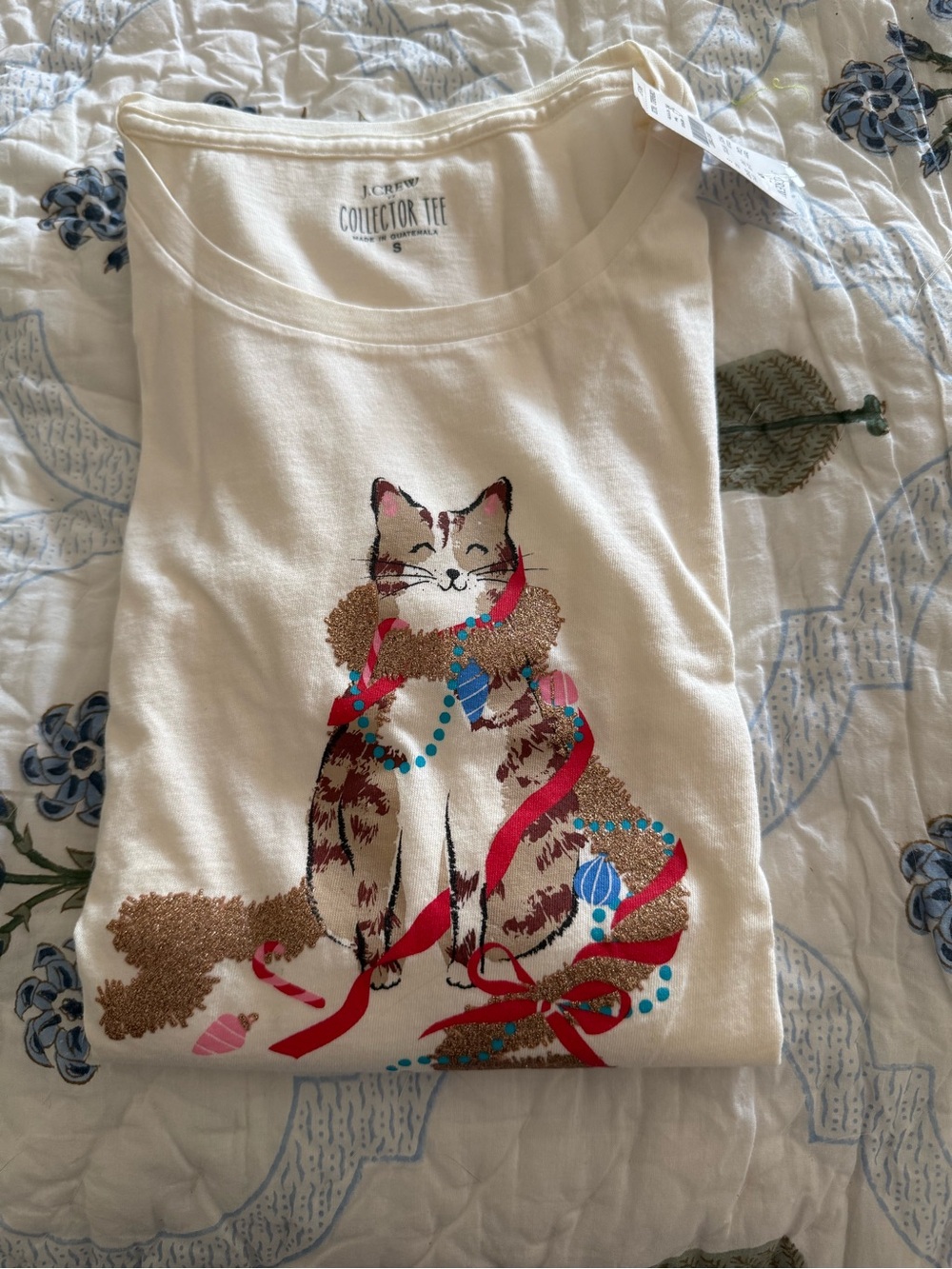 J. Crew Collector Tee - Cream Cat Graphic Tee with Red Accents